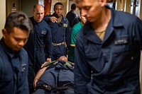 GULF OF THAILAND (March 4, 2020) Sailors assigned to San Antonio-class amphibious transport dock USS Green Bay (LPD 20) transport a simulated casualty during a mass casualty drill in support of Exercise Cobra Gold 2020, March 4, 2020.
