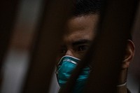 A New Jersey Air National Guard Airman assembles a bed during the buildup of a Field Medical Station at the Atlantic City Convention Center in Atlantic City, N.J., April 9, 2020.