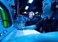 ATLANTIC OCEAN (Nov. 16, 2019) - Sonar Technician (Surface) 3rd Class David Restuccia, from Panama City Beach, Florida, conducts target motion analysis while standing watch as an acoustic sensor operator during under sea warfare certification drills aboard the Arleigh Burke-class guided-missile destroyer USS Carney (DDG 64), Nov. 16, 2019.