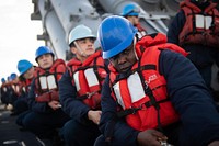 MEDITERRANEAN SEA (Nov. 27, 2019) – Sailors aboard the Arleigh Burke-class guided-missile destroyer USS Ross (DDG 71) heave in line during a replenishment-at-sea with the French Durance class command and replenishment ship FS Somme (A631) Nov. 27, 2019.