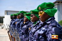 Ugandan Formed Police Unit personnel serving under the African Union Mission in Somalia (AMISOM), mount a parade during a medal award ceremony to mark the end of their tour of duty in Somalia on July 30, 2019.