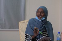 A participant makes a point during the Somali Women's Political Representation Forum organised by the office of Political Affairs of the African Union Mission in Somalia (AMISOM), in Mogadishu, Somalia on 15 November 2020.