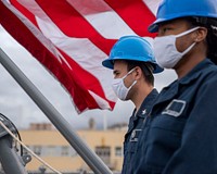 GENOA, Italy (Dec. 6, 2020) Sailors prepare to shift colors as the Blue Ridge-class command and control ship USS Mount Whitney (LCC 20) switches berths in San Giorgio Del Porto in Genoa, Italy, Dec. 6, 2020.