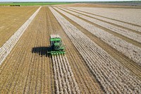 Aerial view of the Schirmer family, fellow farmers and workers, during the cotton harvest at the Ernie Schirmer Farms, in Batesville, TX, on August 22, 2020.