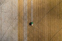 Aerial view of a cotton picking harvester, during the Ernie Schirmer Farms cotton harvest which has family, fellow farmers, and workers banding together for the long days of work, in Batesville, TX, on August 23, 2020.