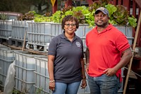 Karla Hollis, USDA 1890 liaison is shown Aqua ponies growing Solanovis lettuce for market in farmers market and local Georgia restaurants by Jon Jackson, executive director of Comfort Farms in Milledgeville, Georgia.