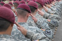 U.S. Soldiers assigned to the 173rd Airborne Brigade Combat Team salute during opening ceremonies for Exercise Rapid Trident 2011 in Yavoriv, Ukraine, July 25, 2011.