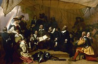 Pilgrims on the deck of the ship Speedwell on July 22, 1620, before they departed from Delfs Haven, Holland, for North America, where they sought religious freedom. Original public domain image from Flickr
