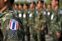 Soldiers with the Royal Thai Army stand in formation during a rehearsal for the opening ceremonies of Exercise Shanti Doot 3, in Bipsot, Bangladesh, March 7, 2012.