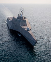 Littoral combat ship USS Independence (LCS 2) steams through the Atlantic Ocean off the coast of Florida.