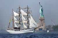 The Ecuadorian Navy sail training ship BAE Guayas (BE 21) sails past the Statue of Liberty in New York May 23, 2012, to participate in Fleet Week New York 2012. Original public domain image from Flickr