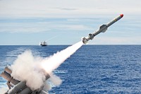 An AGM-84 Harpoon missile launches from the aft missile deck of the guided missile cruiser USS Cowpens (CG 63) in the Pacific Ocean Sept. 12, 2012, during a live-fire exercise as part of Valiant Shield 2012.