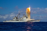 A Standard Missile-3 (SM-3) Block 1B interceptor missile launches from the guided missile cruiser USS Lake Erie (CG 70) during a Missile Defense Agency and U.S. Navy test May 16, 2013, in the Pacific Ocean.