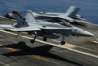 A U.S. Navy F/A-18C Hornet aircraft assigned to Strike Fighter Squadron (VFA) 94 lands on the flight deck of the aircraft carrier USS Carl Vinson (CVN 70) in the Pacific Ocean June 10, 2013.