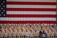 President Barack Obama, at lectern, speaks to U.S. Marines, Sailors and family members at Marine Corps Base Camp Pendleton, Calif., Aug. 7, 2013.