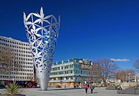 The Chalice is a permanent sculpture with a primary hexagonal steel structure and a solid steel conical base. 18 metres high, 2 metres in diameter at ground level and 8.5 metres in diameter at the top, its shape mirrors the spire of Christchurch Cathedral.An artist of international standing, Neil Dawson was born in Christchurch 1948, Diploma of Fine Arts (Hons), Canterbury University 1970 and Graduate Diploma in Sculpture, Victorian College of the Arts, Melbourne 1973. Dawson was awarded an Arts Laureate by the Arts Foundation of New Zealand in 2003. Original public domain image from Flickr