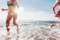 Summer wallpaper background couple at the beach, vivid tone