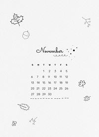 Cute November 2022 calendar template, editable monthly planner vector, doodle style