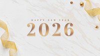 2026 happy new year wallpaper card gold ribbons on white marble design