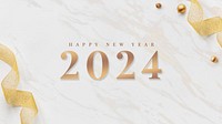 2024 happy new year card gold ribbons wallpaper on white marble design vector