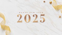 2025 happy new year card gold ribbons on white marble design vector