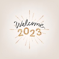2023 gold glitter welcome new year text, aesthetic typography on gold background