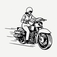 Woman biker drawing, vintage hobby illustration psd. Free public domain CC0 image.