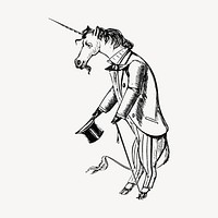 Unicorn wearing suit clipart, vintage cartoon illustration vector. Free public domain CC0 image.