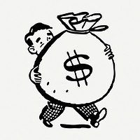 Man carrying money bag drawing, vintage finance illustration psd. Free public domain CC0 image.