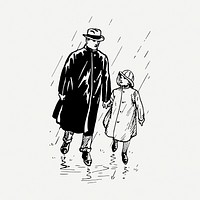 Father, daughter walking in the rain drawing, vintage  illustration psd. Free public domain CC0 image.