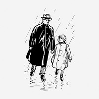 Father, daughter walking in the rain drawing, vintage illustration. Free public domain CC0 image.