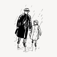 Father, daughter walking in the rain drawing, vintage illustration vector. Free public domain CC0 image.