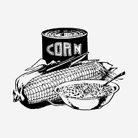 Corn soup can drawing, vintage food illustration. Free public domain CC0 image.