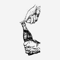 Hand opening bottle drawing, vintage beverage illustration. Free public domain CC0 image.