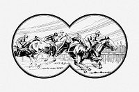 Horse racing drawing, binoculars view illustration. Free public domain CC0 image.