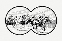 Horse racing drawing, binoculars view illustration psd. Free public domain CC0 image.