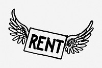 Flying rent sign drawing, vintage finance illustration. Free public domain CC0 image.