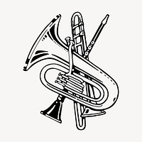 Brass instruments drawing, vintage music illustration vector. Free public domain CC0 image.