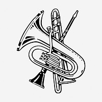 Brass instruments drawing, vintage music illustration. Free public domain CC0 image.