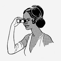 Woman looking through opera glasses drawing, vintage illustration. Free public domain CC0 image.