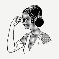 Woman looking through opera glasses drawing, vintage illustration psd. Free public domain CC0 image.