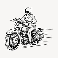 Biker riding motorcycle drawing, vintage transportation illustration vector. Free public domain CC0 image.