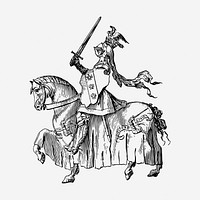 Knight riding horse drawing, medieval illustration. Free public domain CC0 image.