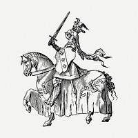 Knight riding horse drawing, medieval illustration psd. Free public domain CC0 image.