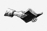 Hands holding book drawing, vintage illustration. Free public domain CC0 image.