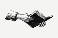 Hands holding book drawing, vintage illustration psd. Free public domain CC0 image.