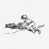 Boy playing with toy clipart, vintage illustration vector. Free public domain CC0 image.