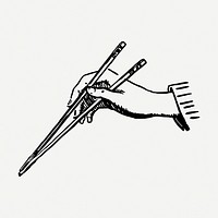 Hand holding chopsticks drawing, vintage illustration psd. Free public domain CC0 image.