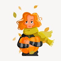 Woman hugging pumpkin sticker, Autumn illustration psd. Free public domain CC0 image.