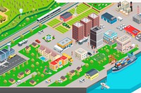 3D game city background, colorful illustration. Free public domain CC0 image.